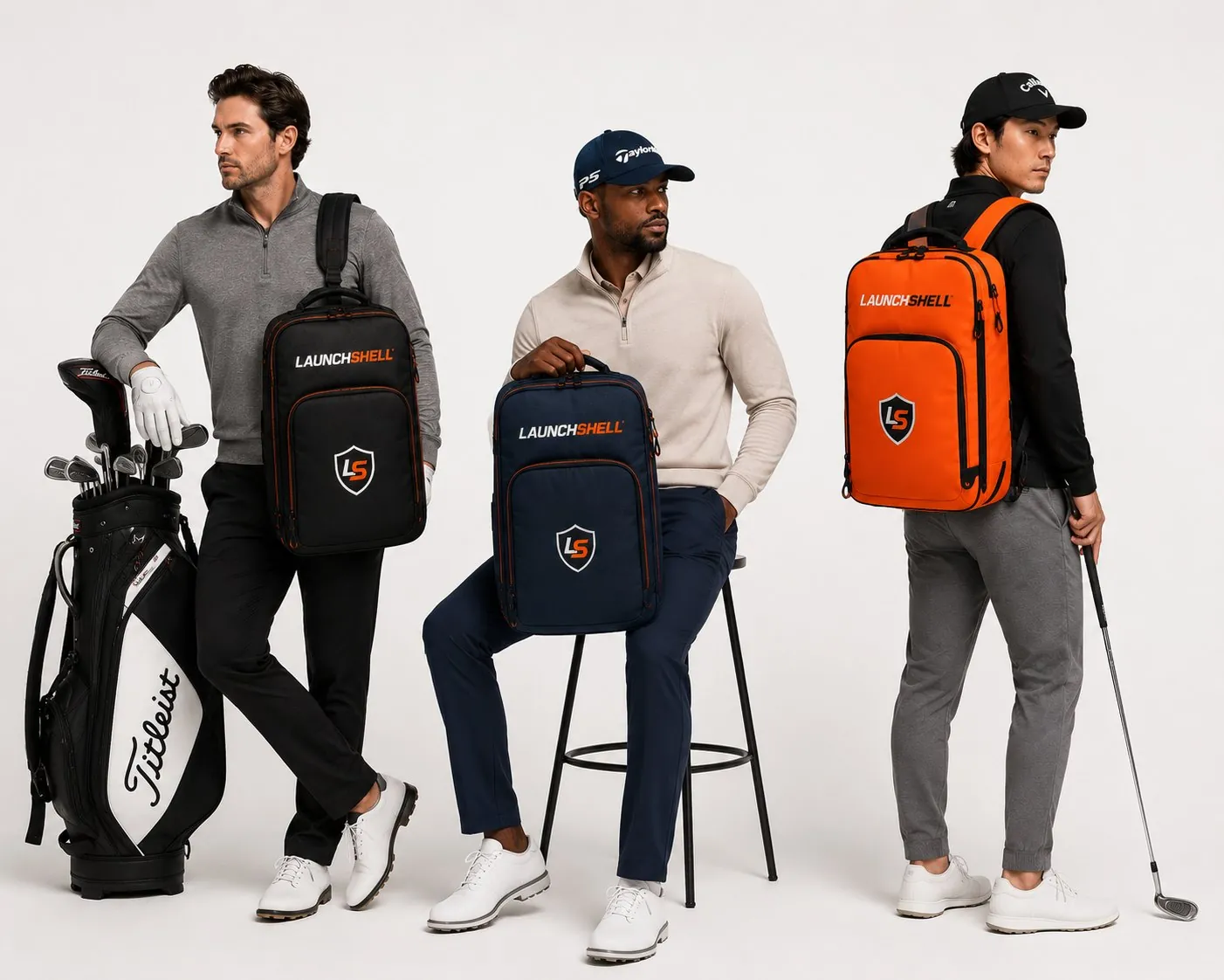 Three golfers with LaunchShell cases in Stealth Black, Deep Navy and Signal Orange